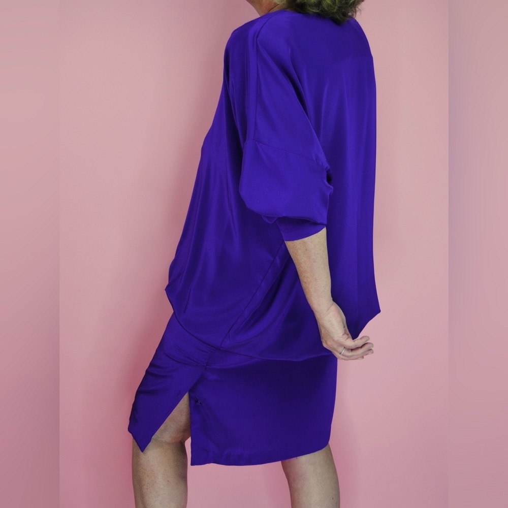 Vintage 1980s SUPER Bloused Purple Drop Waist Party Cocktail Dress with Slit